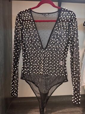 Fashion Nova Black Mesh Pearl-Studded Long-Sleeve Bodysuit